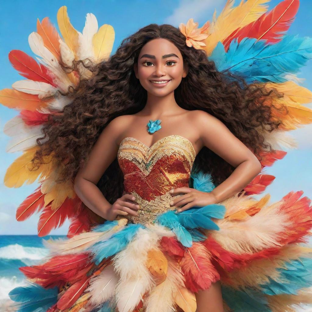 A vibrant rendering of Moana, outfitted in an elaborately feathered dress costume, in a festive drag race setting. The wind-blown feathers symbolize her free spirit and oceanic heritage.