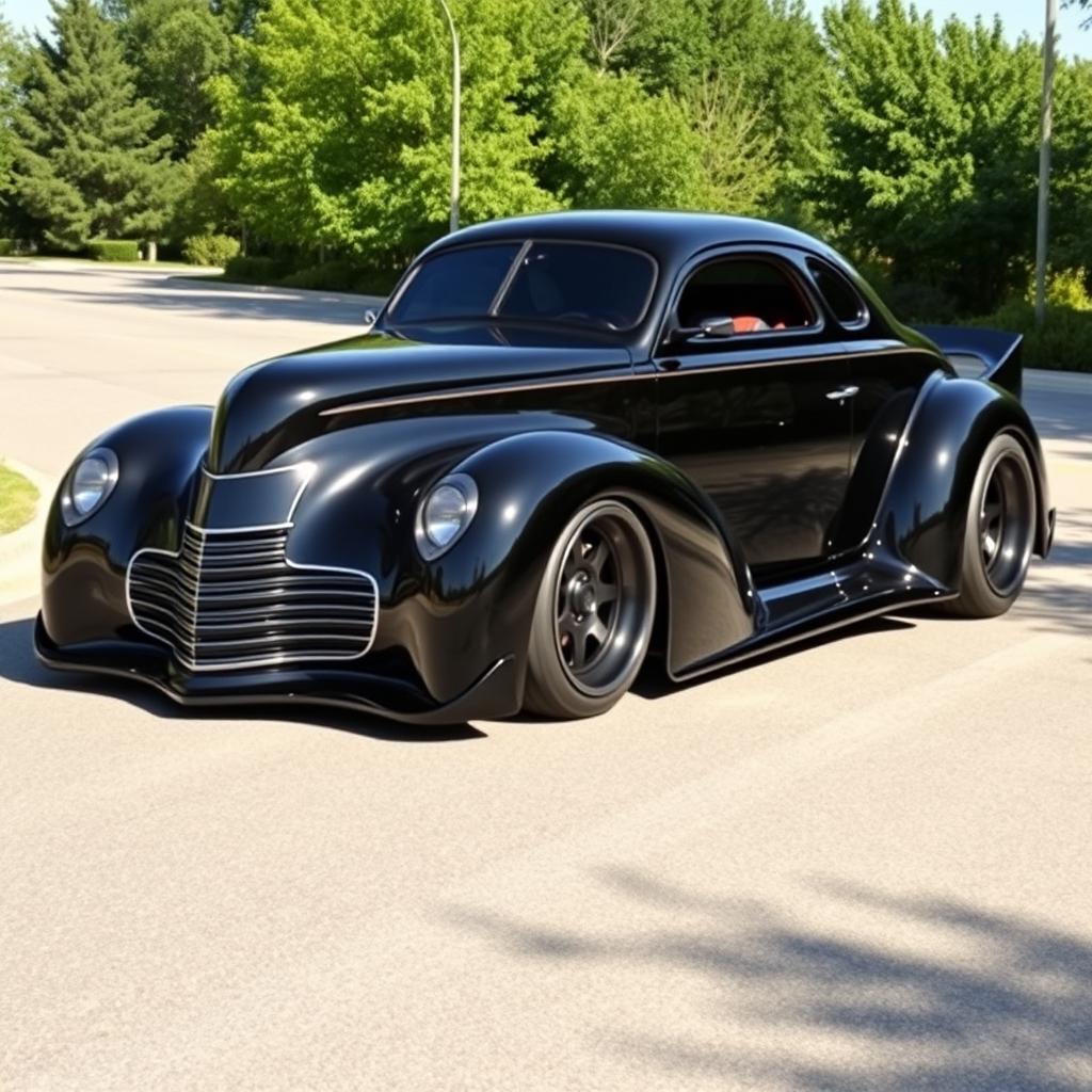 A stunning supercar that creatively merges the classic charm of a 1939 Chevrolet Coupe with the cutting-edge design of a 2025 Mercedes concept car, featuring an eye-catching widebody and robust wide performance tires