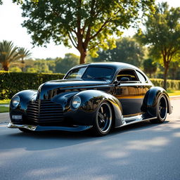 A stunning supercar that creatively merges the classic charm of a 1939 Chevrolet Coupe with the cutting-edge design of a 2025 Mercedes concept car, featuring an eye-catching widebody and robust wide performance tires