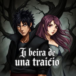 A realistic illustration of Sasuke and Sakura from Naruto, depicted with human proportions and detailed features, set against a dark, gothic backdrop