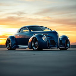 An eye-catching hypercar that brilliantly combines the classic aesthetic of a 1939 Chevrolet Coupe with the futuristic design of a 2025 Mercedes concept car, featuring an aggressive widebody and sleek wide performance tires