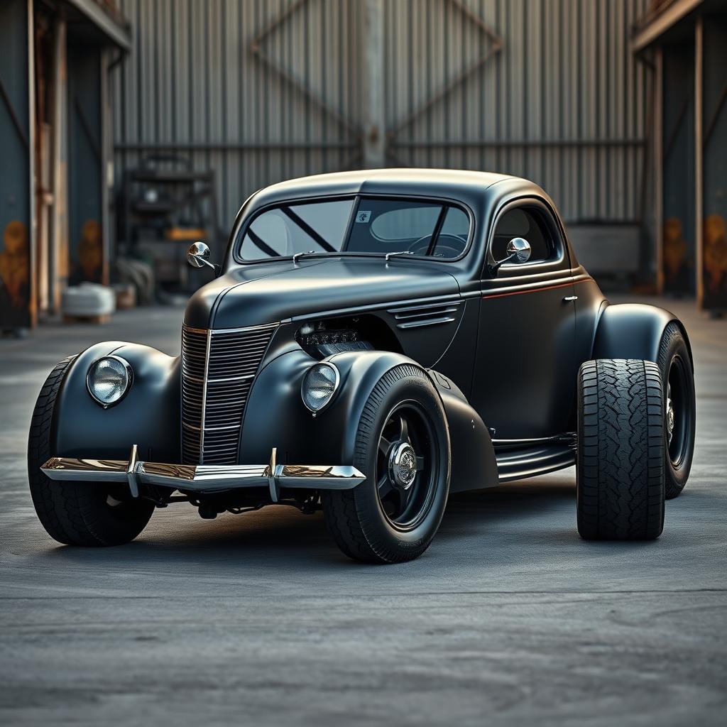 A unique hypercar that fuses the classic essence of a 1939 Chevrolet Coupe with modern supercar aesthetics, featuring an aggressive widebody design devoid of rear fenders, embodying the spirit of a ratrod