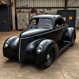 A unique hypercar that fuses the classic essence of a 1939 Chevrolet Coupe with modern supercar aesthetics, featuring an aggressive widebody design devoid of rear fenders, embodying the spirit of a ratrod