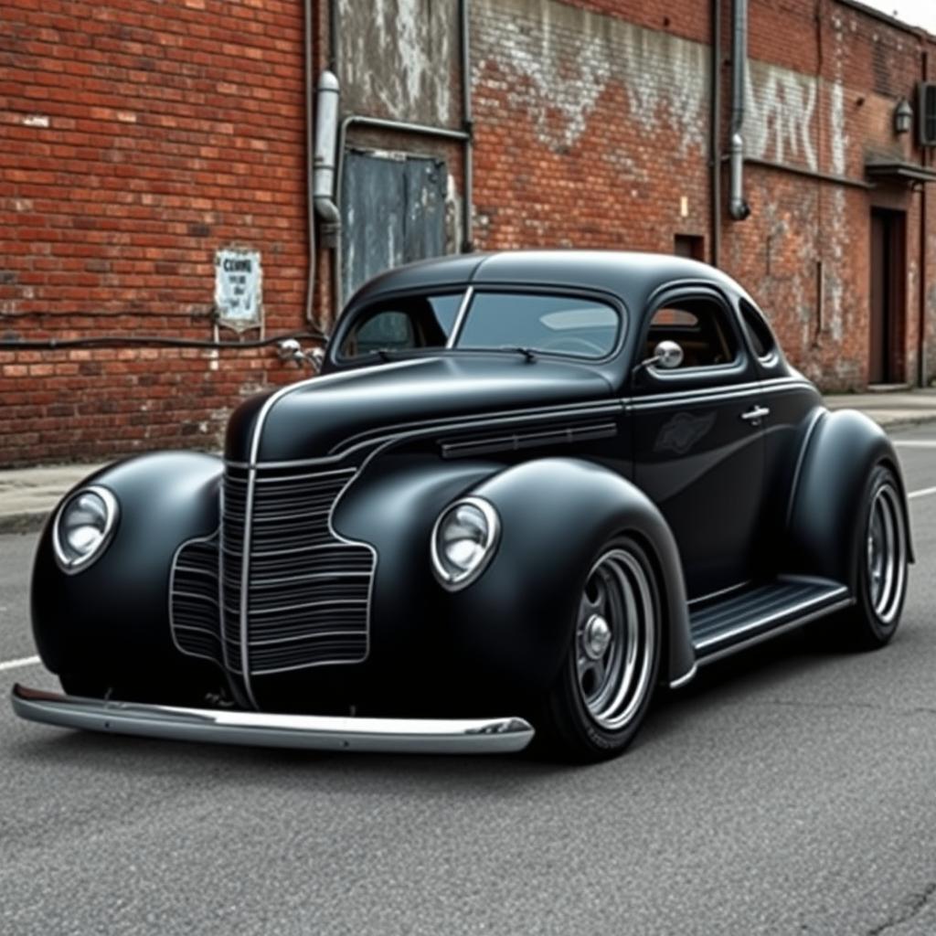 An extraordinary hypercar that fuses the vintage allure of a 1939 Chevrolet Coupe with a modern twist, featuring a widebody design that omits running boards, embodying the raw essence of a ratrod