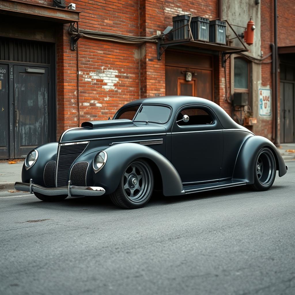 An extraordinary hypercar that fuses the vintage allure of a 1939 Chevrolet Coupe with a modern twist, featuring a widebody design that omits running boards, embodying the raw essence of a ratrod