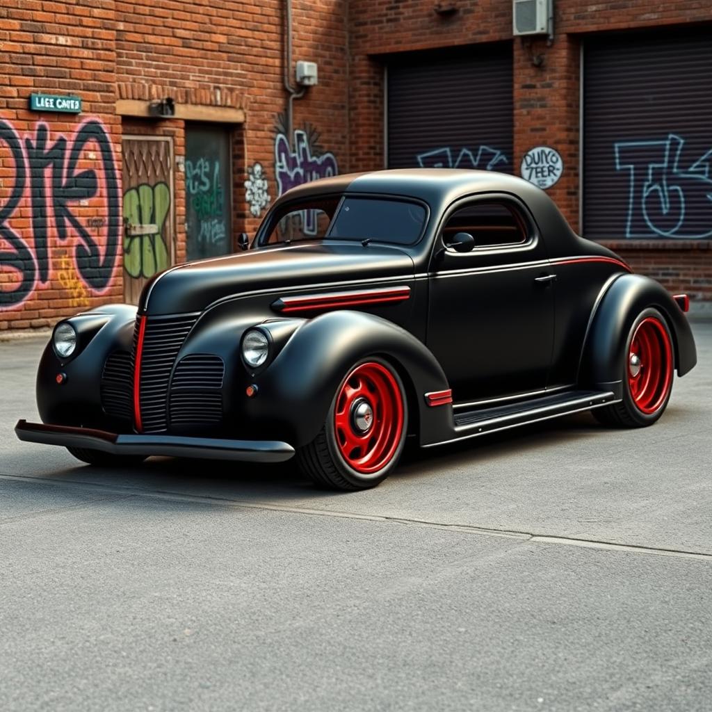 An innovative hypercar that merges the classic charm of a 1939 Chevrolet Coupe with contemporary supercar features, showcasing a widebody design that eliminates side running boards, embodying the aesthetic of a ratrod