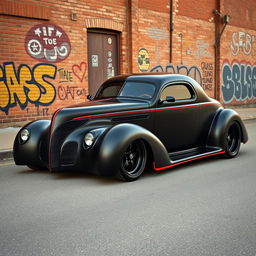 An innovative hypercar that merges the classic charm of a 1939 Chevrolet Coupe with contemporary supercar features, showcasing a widebody design that eliminates side running boards, embodying the aesthetic of a ratrod