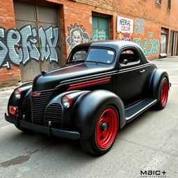 An innovative hypercar that merges the classic charm of a 1939 Chevrolet Coupe with contemporary supercar features, showcasing a widebody design that eliminates side running boards, embodying the aesthetic of a ratrod