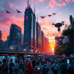 A futuristic cityscape at sunset, showcasing tall skyscrapers with glowing neon signs and flying cars