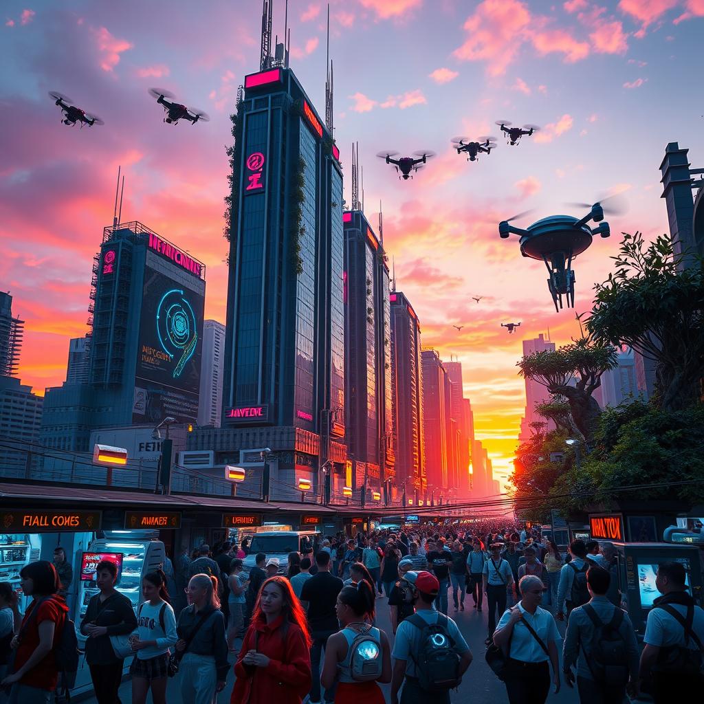 A futuristic cityscape at sunset, showcasing tall skyscrapers with glowing neon signs and flying cars