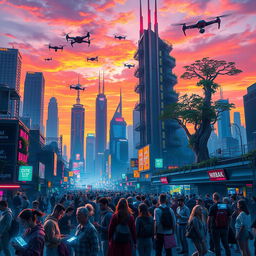 A futuristic cityscape at sunset, showcasing tall skyscrapers with glowing neon signs and flying cars