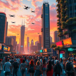 A futuristic cityscape at sunset, showcasing tall skyscrapers with glowing neon signs and flying cars