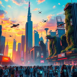 A futuristic cityscape at sunset, showcasing tall skyscrapers with glowing neon signs and flying cars