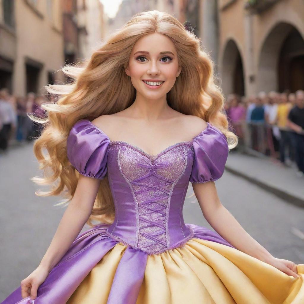 An energetic depiction of Rapunzel from Tangled, fashionably clad in a bright, feathered dress costume, ready for a lively drag race. Her long golden hair combines with the feathery style for extra panache.