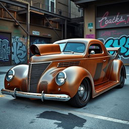 An exhilarating supercar that merges the classic aesthetics of a 1939 Chevrolet Coupe with the sleek, modern lines of a hypercar, featuring a widebody design and aggressive wide performance tires