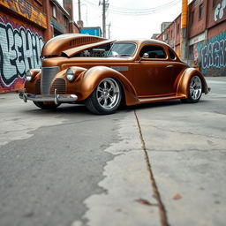 An exhilarating supercar that merges the classic aesthetics of a 1939 Chevrolet Coupe with the sleek, modern lines of a hypercar, featuring a widebody design and aggressive wide performance tires