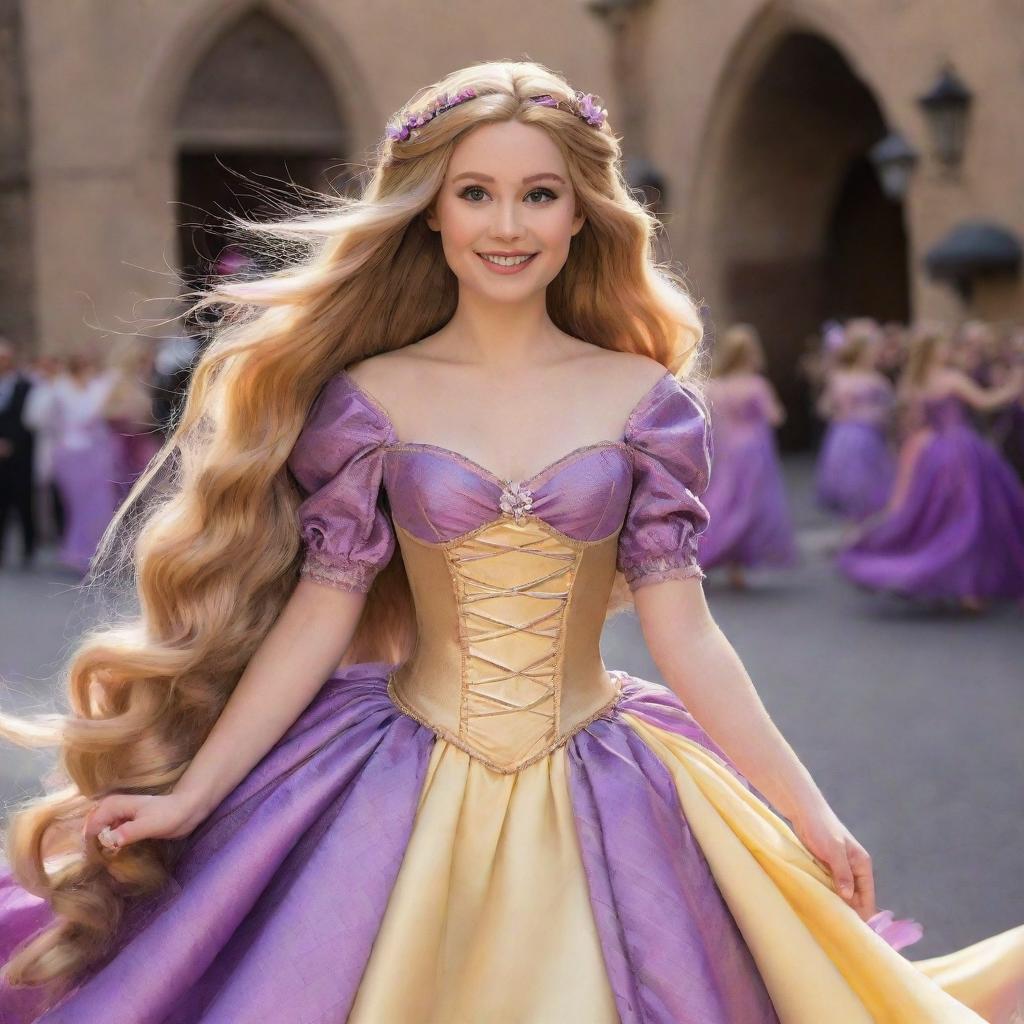 An energetic depiction of Rapunzel from Tangled, fashionably clad in a bright, feathered dress costume, ready for a lively drag race. Her long golden hair combines with the feathery style for extra panache.