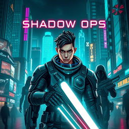 A stunning fantasy novel cover titled 'Shadow Ops', set in the futuristic world of 2045