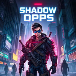 A stunning fantasy novel cover titled 'Shadow Ops', set in the futuristic world of 2045