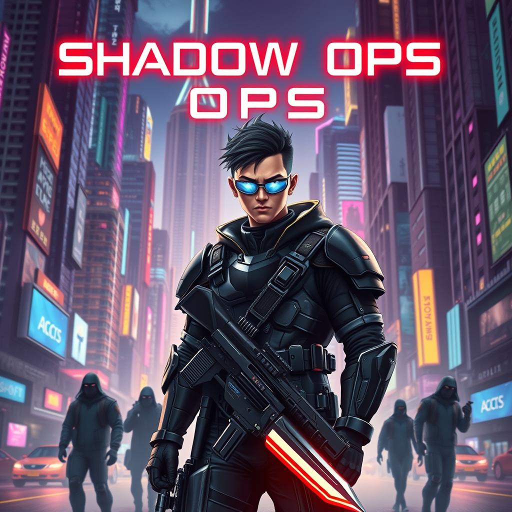 A stunning fantasy novel cover titled 'Shadow Ops', set in the futuristic world of 2045