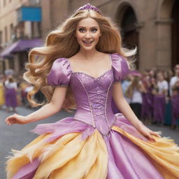 An energetic depiction of Rapunzel from Tangled, fashionably clad in a bright, feathered dress costume, ready for a lively drag race. Her long golden hair combines with the feathery style for extra panache.