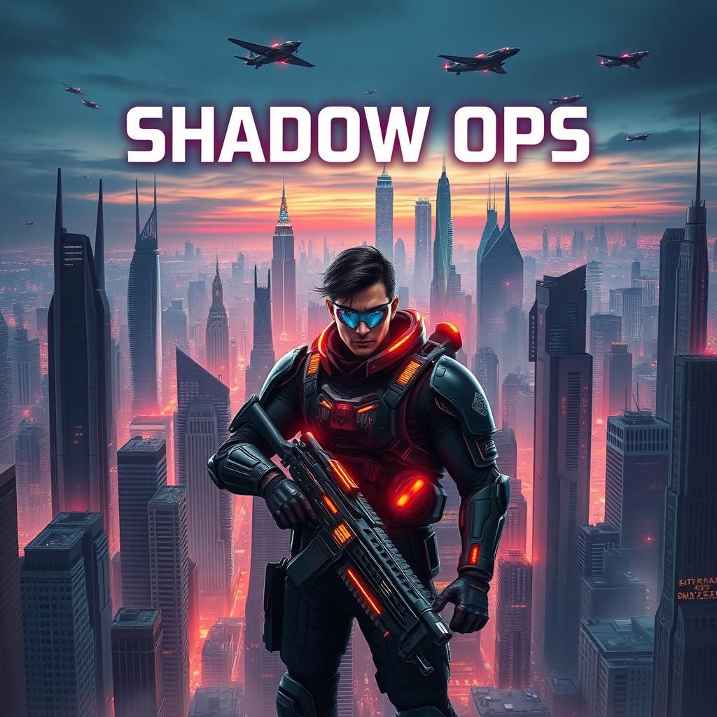 A thrilling fantasy novel cover titled 'Shadow Ops' set in a futuristic world with advanced architecture