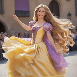 An energetic depiction of Rapunzel from Tangled, fashionably clad in a bright, feathered dress costume, ready for a lively drag race. Her long golden hair combines with the feathery style for extra panache.