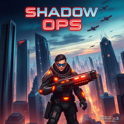 A thrilling fantasy novel cover titled 'Shadow Ops' set in a futuristic world with advanced architecture