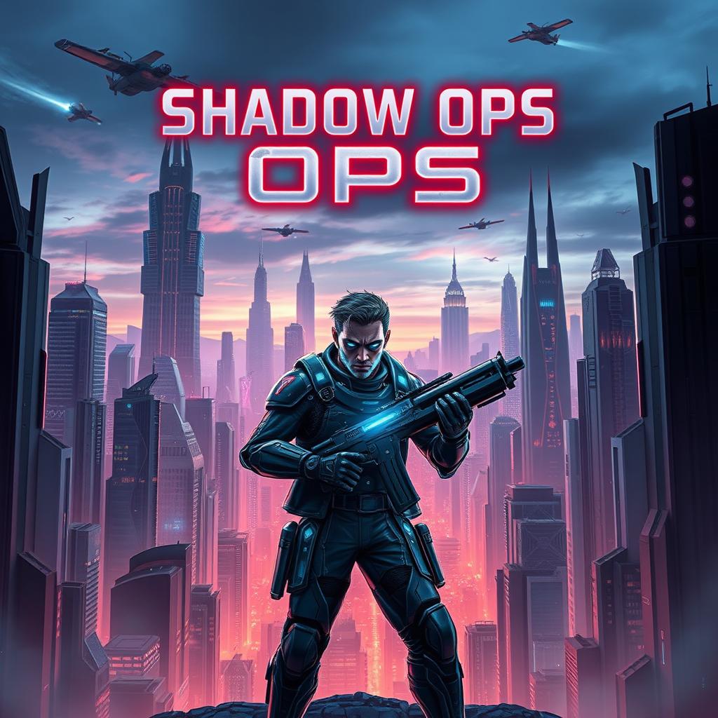 A thrilling fantasy novel cover titled 'Shadow Ops' set in a futuristic world with advanced architecture