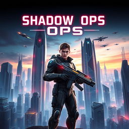 A thrilling fantasy novel cover titled 'Shadow Ops' set in a futuristic world with advanced architecture