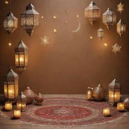 An engaging scene filled with customary Ramadan decorations including lanterns, moon and star symbols, Arabian carpets, and Islamic patterns.