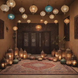 An engaging scene filled with customary Ramadan decorations including lanterns, moon and star symbols, Arabian carpets, and Islamic patterns.