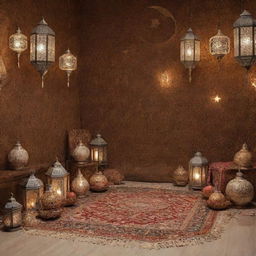 An engaging scene filled with customary Ramadan decorations including lanterns, moon and star symbols, Arabian carpets, and Islamic patterns.