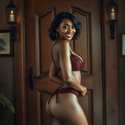 A stunning black woman in sexy lingerie stands confidently in front of a classic wooden door of a house