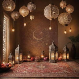 An engaging scene filled with customary Ramadan decorations including lanterns, moon and star symbols, Arabian carpets, and Islamic patterns.