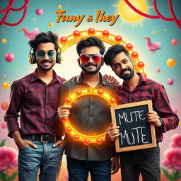 A cinematic funny poster featuring three 27-year-old Indian boys standing together, each with distinct characteristics: one is deaf (wearing stylish headphones), one is blind (wearing cool sunglasses), and one is mute (holding a chalkboard with funny expressions)