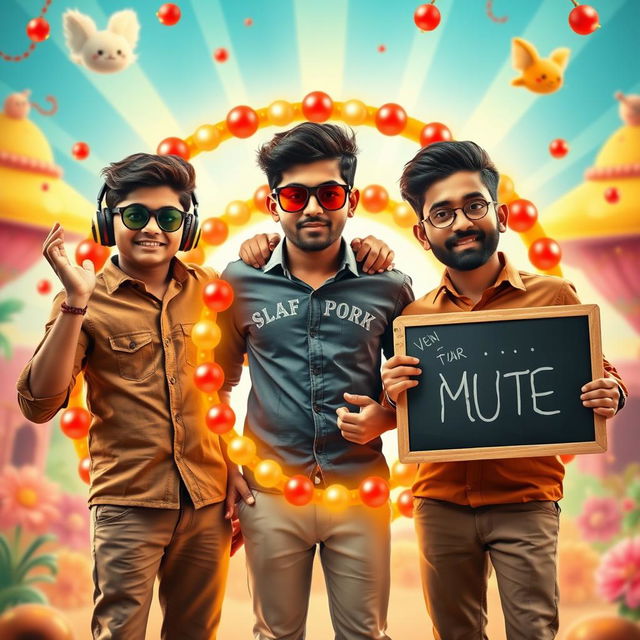 A cinematic funny poster featuring three 27-year-old Indian boys standing together, each with distinct characteristics: one is deaf (wearing stylish headphones), one is blind (wearing cool sunglasses), and one is mute (holding a chalkboard with funny expressions)