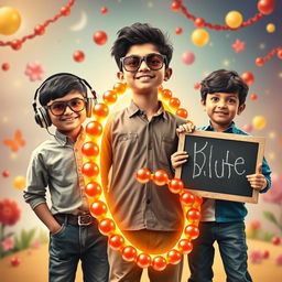 A cinematic funny poster featuring three 27-year-old Indian boys standing together, each with distinct characteristics: one is deaf (wearing stylish headphones), one is blind (wearing cool sunglasses), and one is mute (holding a chalkboard with funny expressions)