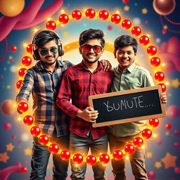 A cinematic funny poster featuring three 27-year-old Indian boys standing together, each with distinct characteristics: one is deaf (wearing stylish headphones), one is blind (wearing cool sunglasses), and one is mute (holding a chalkboard with funny expressions)