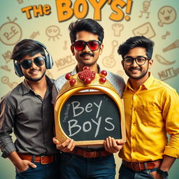 A cinematic funny poster titled 'The Boys' featuring three modern 27-year-old Indian boys standing together