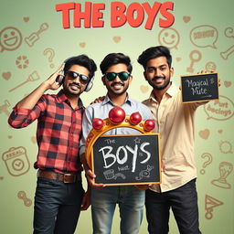 A cinematic funny poster titled 'The Boys' featuring three modern 27-year-old Indian boys standing together