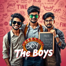 A cinematic funny poster titled 'The Boys' featuring three modern 27-year-old Indian boys standing together