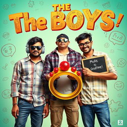 A cinematic funny poster titled 'The Boys' featuring three modern 27-year-old Indian boys standing together