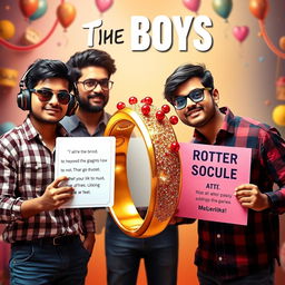 A cinematic funny poster titled 'The Boys' featuring three modern 27-year-old Indian boys standing together in a playful setting