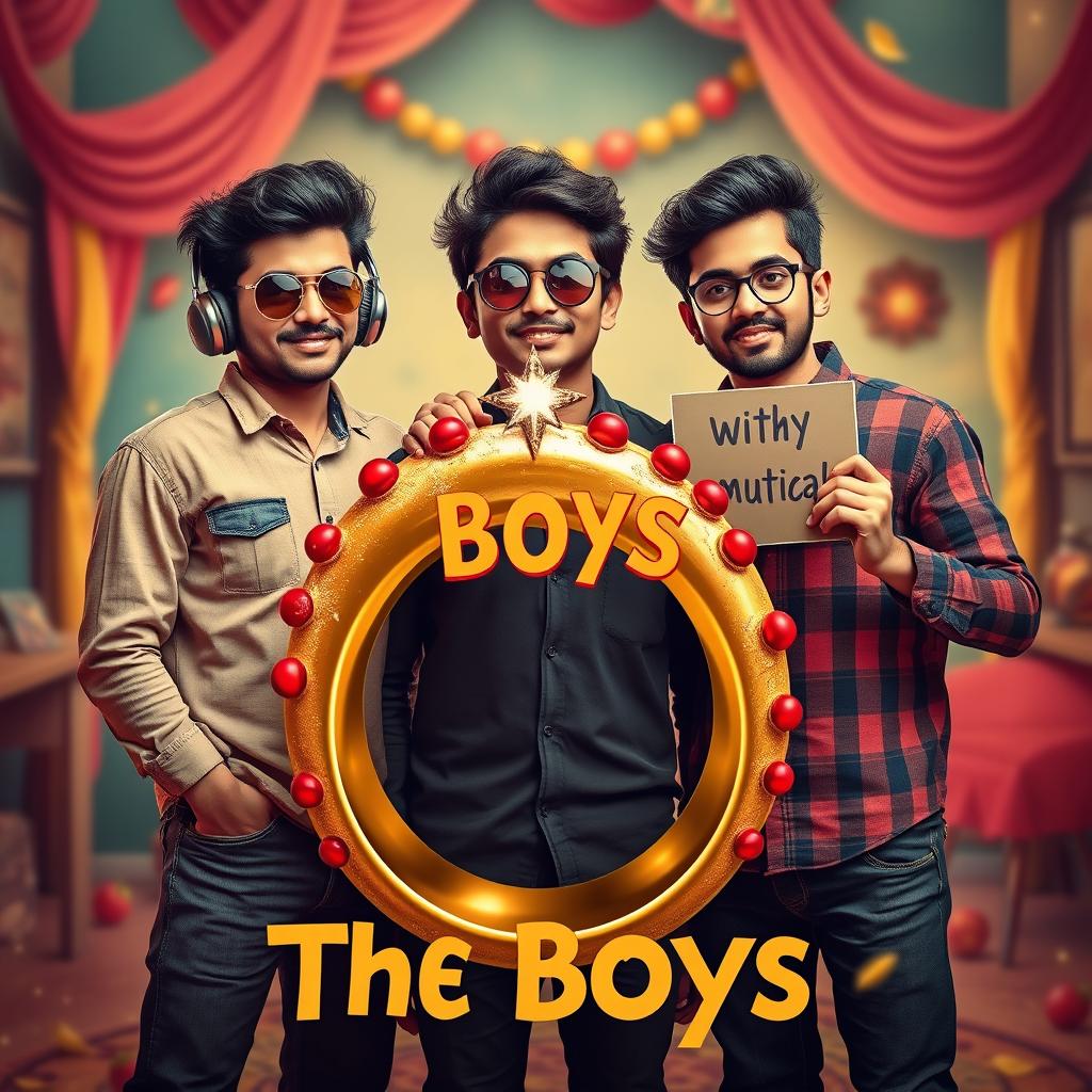 A cinematic funny poster titled 'The Boys' featuring three modern 27-year-old Indian boys standing together in a playful setting