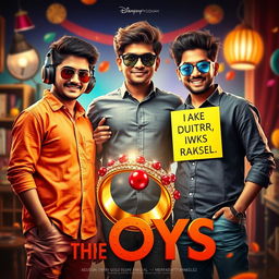 A cinematic funny poster titled 'The Boys' featuring three modern 27-year-old Indian boys standing together in a playful setting