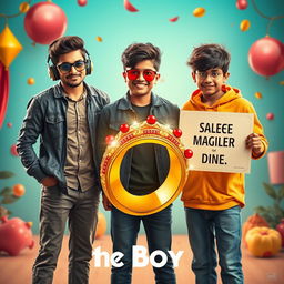 A cinematic funny poster titled 'The Boys' featuring three modern 27-year-old Indian boys standing together in a playful setting