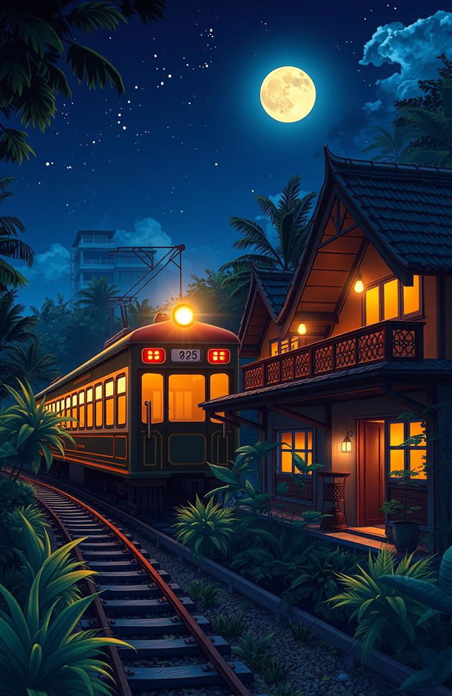 A captivating anime-style cover for a novel, depicting a night scene of an Indonesian train passing by traditional Indonesian houses