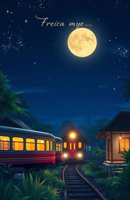 A captivating anime-style cover for a novel, depicting a night scene of an Indonesian train passing by traditional Indonesian houses