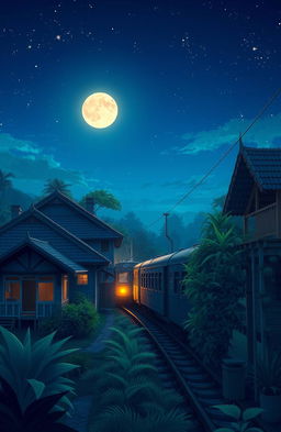 A captivating anime-style cover for a novel, depicting a night scene of an Indonesian train passing by traditional Indonesian houses